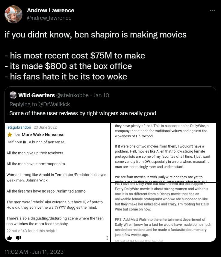 Andrew Lawrence if you didnt know, ben shapiro is making movies wild Geerters inkobbe Some of these user reviews right wingers are really good letsgobrandon they have plenty of that. This supposed to 