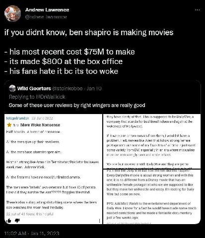Andrew Lawrence if you didnt know, ben shapiro is making movies wild Geerters inkobbe Some of these user reviews right wingers are really good letsgobrandon they have plenty of that. This supposed to 