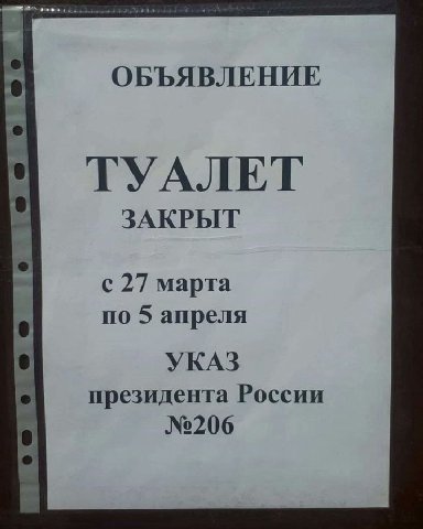 ОБЪЯВЛЕНИЕ ТУАЛЕТ ЗАКРЫТ с 27 марта по 5 апреля УКАЗ президента России №206