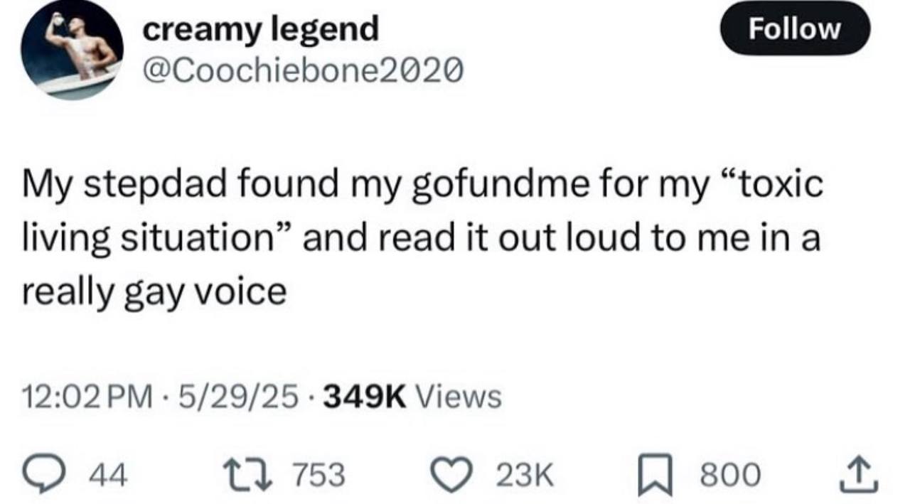 creamy legend @Coochiebone2020 My stepdad found my gofundme for my “toxic living situation” and read it out loud to really gay voice 12:02 5/29/25 Views 44 1} 753 800
