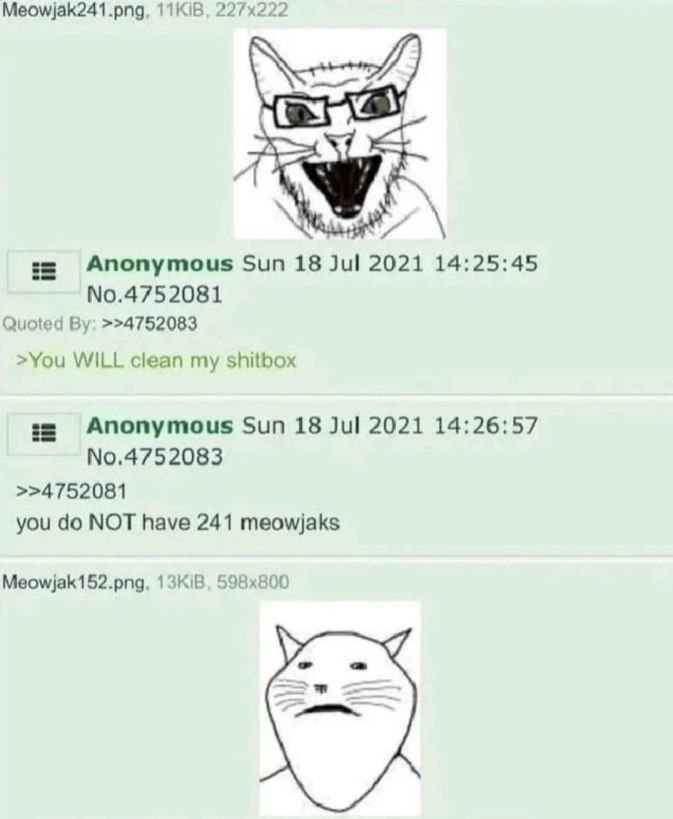 Anonymous Sun 18 Jul 2021 14:25:45 No.4752081 Quoted >>4752083 >You WILL clean my shitbox Anonymous Sun 18 Jul 2021 14:26:57 No.4752083 >>4752081 you NOT have 241 meowjaks Meowjak152.png, 1ЗКВ, у