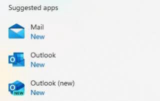 Suggested apps Mail New Outlook New (new) New