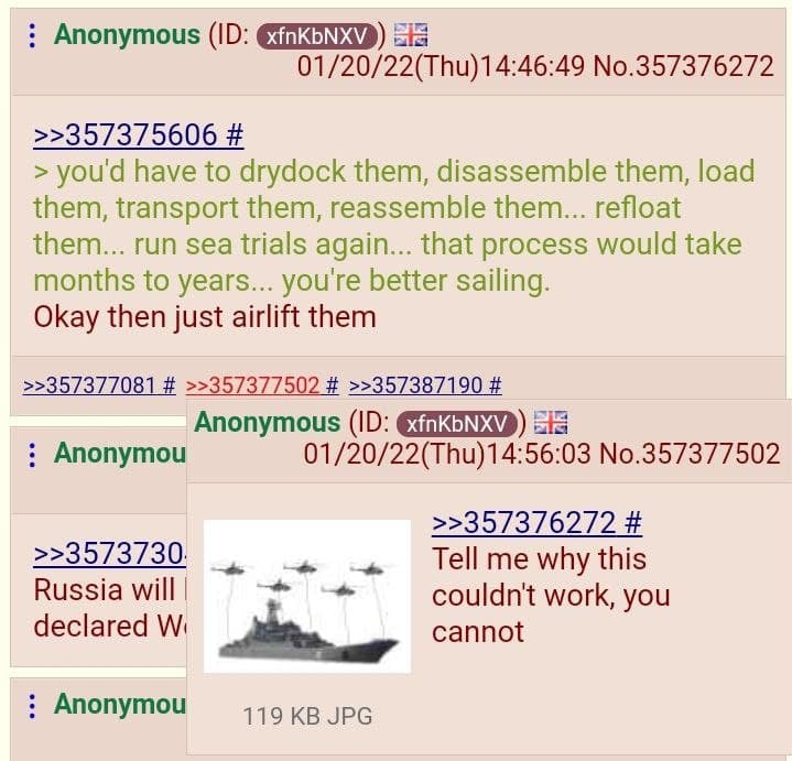 Anonymous ЕЕ No.357376272 >>357375606 you'd have to drydock them, disassemble them, load them, transport them, reassemble them... refloat them... run sea trials again... that process would take months