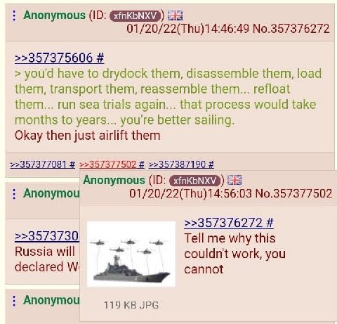 Anonymous ЕЕ No.357376272 >>357375606 you'd have to drydock them, disassemble them, load them, transport them, reassemble them... refloat them... run sea trials again... that process would take months
