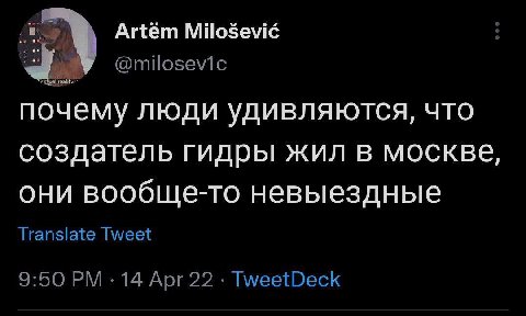 Artem Milosevic @milosevic почему люди удивляются, что создатель гидры жил в москве, они вообще-то невыездные Translate Tweet 9:50 14 Apr 22 TweetDeck