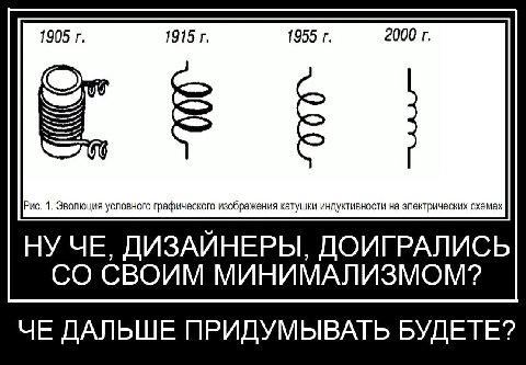 1905 1915 1955 2000 Рис. 1. Эволюция условного графического изображения катушки индуктивности на электрических схемах НУ ЧЕ, ДИЗАЙНЕРЫ, ДОИГРАЛИСЬ СВОИМ МИНИМАЛИЗМОМ? ЧЕ ДАЛЬШЕ ПРИДУМЬВАТЬ БУДЕТЕ?