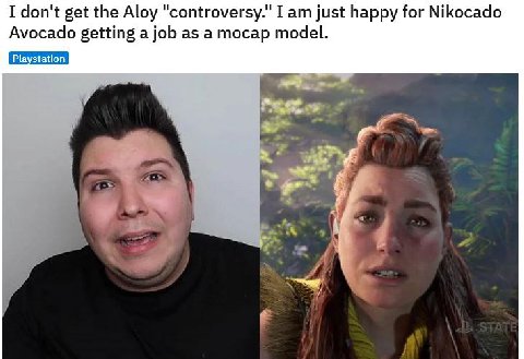 I don't get the Aloy "controversy." I just happy for Nikocado Avocado getting a job as a mocap model. Playstation 4