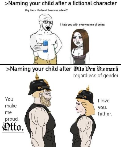 >Naming your child after а fictional character Hey there how was school? hate you with every ounce of being >Naming your child after Ofte Hon Bismark regardless of gender You love паке you, me father.