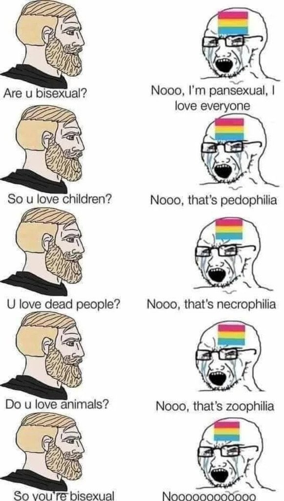 и Are и bisexual? Nooo, pansexual, love everyone у 4 So love children? Nooo, that’s pedophilia 22 love dead people? Nooo, that’s necrophilia love animals? Nooo, that's zoophilia On So bisexual