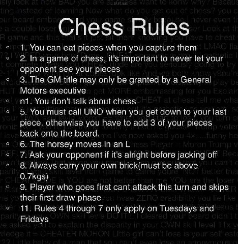 Chess Rules 1. You can eat pieces when you capture them 2. а дате of chess, it's important to never let your opponent see your pieces 3. The title may only be granted a General Motors executive You do