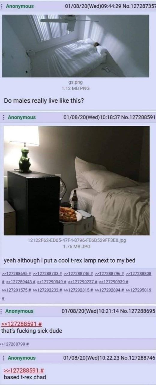 Anonymous 01/08/20(Wed)09:44:29 No.127287357 PNG males really live like this? Anonymous 01/08/20(Wed)10:18:37 No.127288591 FF3E yeah although i put a cool t-rex lamp next to my bed >>127288695 >>12728