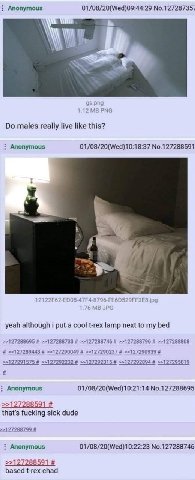 Anonymous 01/08/20(Wed)09:44:29 No.127287357 PNG males really live like this? Anonymous 01/08/20(Wed)10:18:37 No.127288591 FF3E yeah although i put a cool t-rex lamp next to my bed >>127288695 >>12728