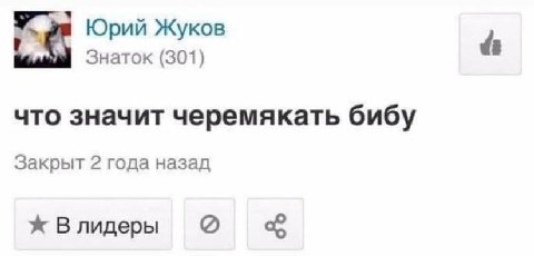 Юрий Жуков Знаток (301) что значит черемякать бибу Закрыт 2 года назад Влидеры