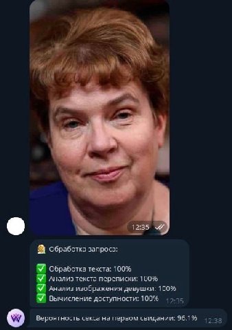 12:35 обработка запроса: Обработка текста: 100% Анализ текста переписки: 100% Анализ изображения девушки: 100% Вычисление доступности: 100% 12:35 Вероятность секса на первом свидании: 96.1%
