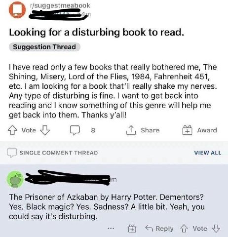 r/suggestmeabook О Looking for a disturbing book to read. Suggestion Thread have read only a few books that really bothered me, The Shining, Misery, Lord of the Flies, 1984, Fahrenheit 451, etc. looki
