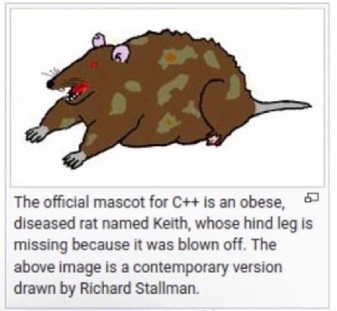 The official mascot for С++ {5 оБезе, 57 diseased rat named Keith, whose hind leg is missing because it was blown off. The above image is a contemporary version drawn Richard Stallman.