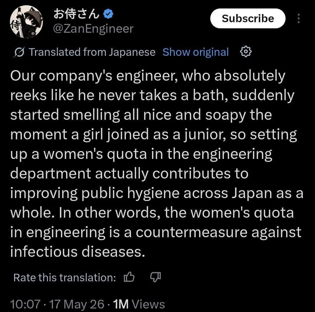 Translated Нот Japanese Our company's engineer, who absolutely reeks like he never takes a bath, suddenly started smelling all nice and soapy the moment a girl joined as a junior, so setting up a wome