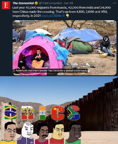 The Economist Last year 43,000 migrants from Russia, 42,000 from India and 24,000 from China made the crossing. That’s up from 4,100, 2,600 and 450, respectively, in 2021 2 Я 4 America’s southern bord