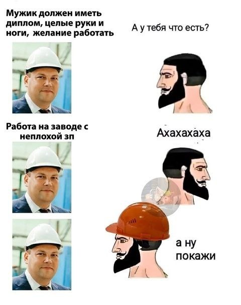 Мужик должен иметь диплом, целые руки и А утебя что есть? ноги, желание работать Работа на заводе с неплохой Ахахахаха a покажи