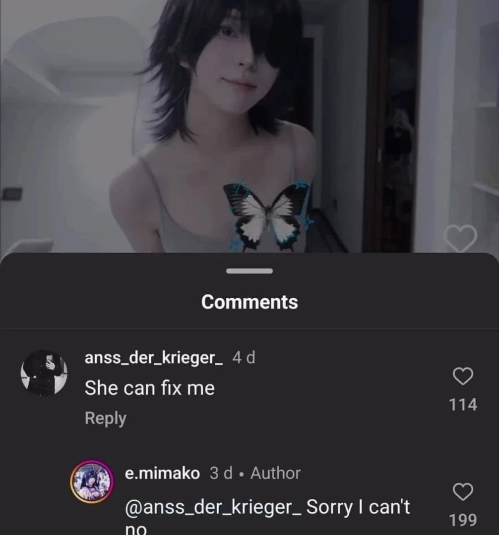 at] Comments anss_der_krieger_ у She can fix 114 Reply e.mimako За. Author @anss_der_krieger_ Sorry can't no 199