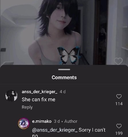 at] Comments anss_der_krieger_ у She can fix 114 Reply e.mimako За. Author @anss_der_krieger_ Sorry can't no 199