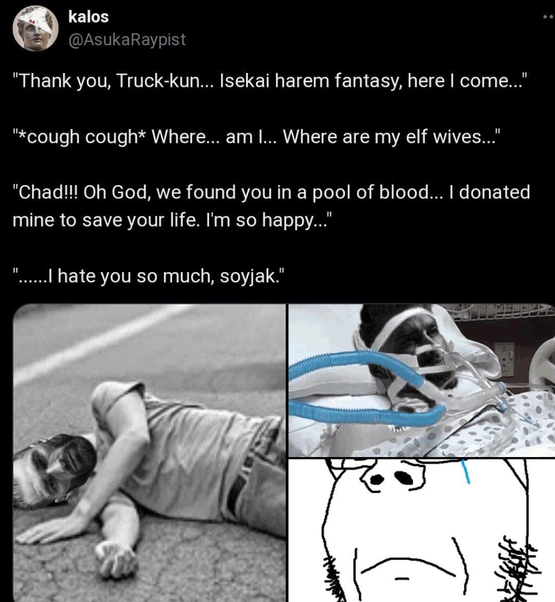 kalos "Thank you, Truck-kun... harem fantasy, here соте...' cough* Where... Where are my elf wives...” "Chad!!! God, we found you in a pool of blood... donated mine to save your life. so happy...’ hat