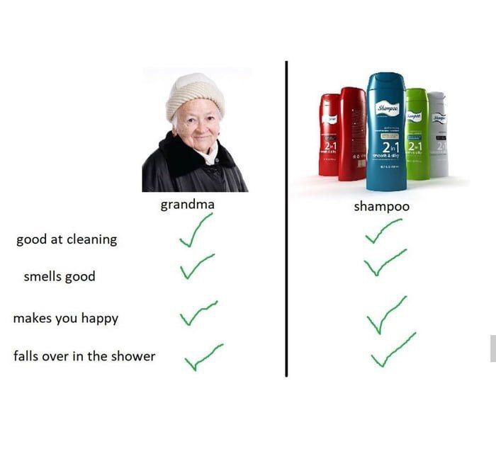 hal grandma shampoo good at cleaning smells good makes you happy falls over in the shower