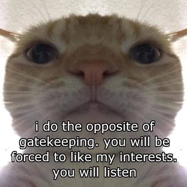 i the opposite of gatekeeping. you will be forced to like my interests you will listen