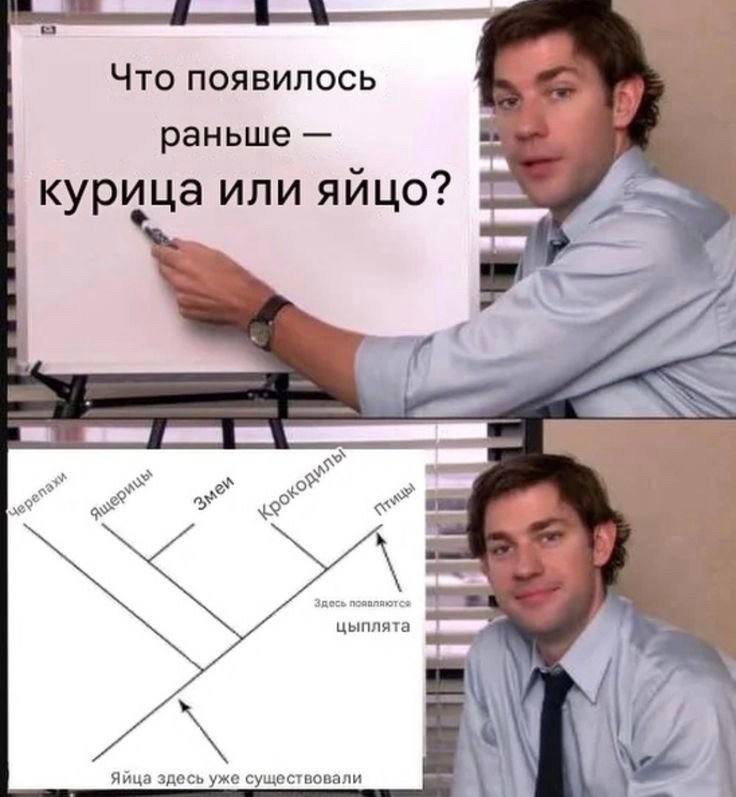 Что появилось раньше курица или яйцо? Яйца здесь уже существовали i