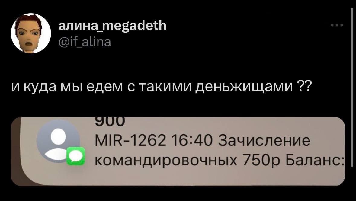 алина megadeth @if_alina и куда мы едем с такими деньжищами JOU MIR-1262 16:40 Зачисление командировочных Баланс: