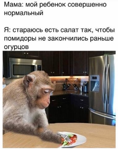 Мама: мой ребенок совершенно нормальный Я: стараюсь есть салат так, чтобы помидоры не закончились раньше огурцов i у