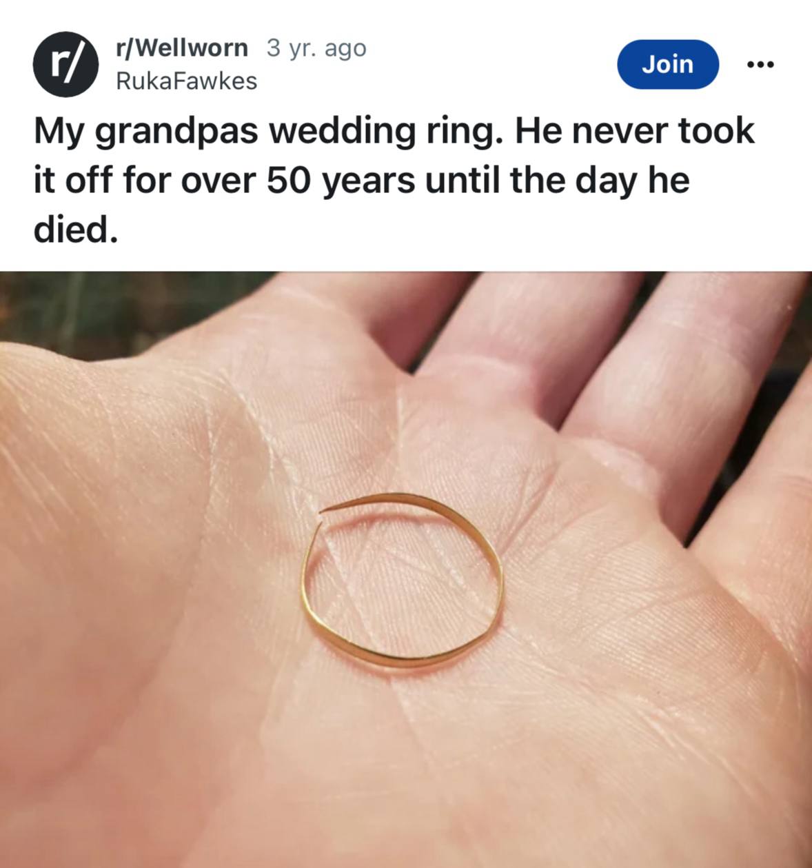 r/Wellworn 3 ago RukaFawkes My grandpas wedding ring. He never took it off for over 50 years until the day he died.