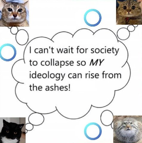 can't wait for society to collapse so MY ideology can rise from the ashes!
