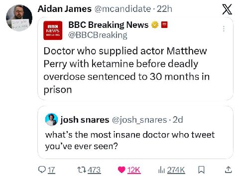Aidan James @mcandidate BBC Breaking News 2 Doctor who supplied actor Matthew Perry with ketamine before deadly overdose sentenced to 30 months in prison josh snares what’s the most insane doctor who 