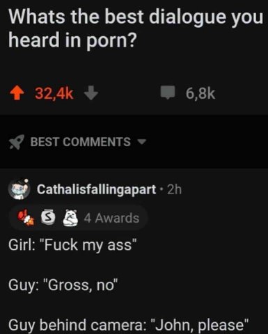 Whats the best dialogue you heard in porn? BEST COMMENTS Cathalisfallingapart 9 4 Awards Girl: "Fuck my ass" Guy: "Gross, по" Guy behind camera: "John, please"
