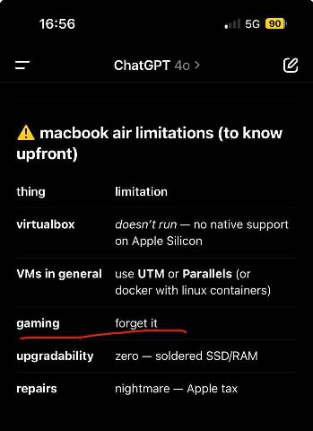 16:56 ChatGPT А macbook air limitations (to know upfront) thing limitation virtualbox run no native support on Apple Silicon VMs in general use UTM or Parallels (or docker with linux containers) gamin