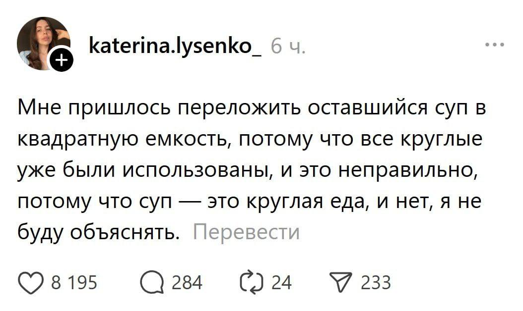 katerina.lysenko_ 6 Мне пришлось переложить оставшийся суп в квадратную емкость, потому что все круглые уже были использованы, и это неправильно, потому что суп это круглая еда, и нет, я не буду объяс