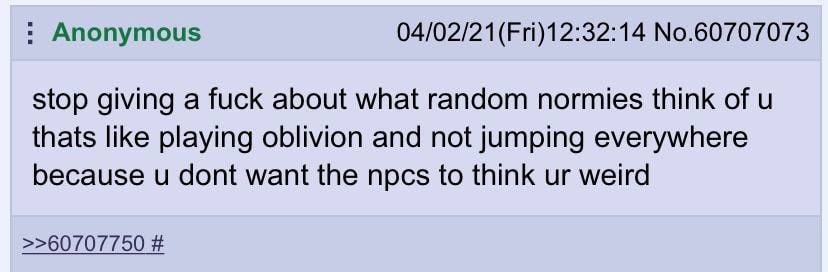 Anonymous 04/02/21(Fri)12:32:14 No.60707073 stop giving a fuck about what random normies think of thats like playing oblivion and not jumping everywhere because dont want the npcs to think weird >>607
