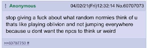 Anonymous 04/02/21(Fri)12:32:14 No.60707073 stop giving a fuck about what random normies think of thats like playing oblivion and not jumping everywhere because dont want the npcs to think weird >>607