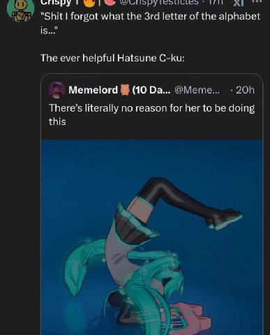 "Shit forgot what the letter о the alphabet is..." The ever helpful Hatsune C-ku: Мете!ога Meme... There’s literally no reason for her to be doing this