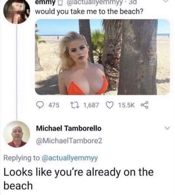 emmy за would you take me to the beach? А, 475 1687 15.5К Michael Tamborello @MichaelTambore2 Replying to @actuallyemmyy Looks like you're already on the beach