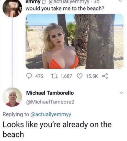 emmy за would you take me to the beach? А, 475 1687 15.5К Michael Tamborello @MichaelTambore2 Replying to @actuallyemmyy Looks like you're already on the beach