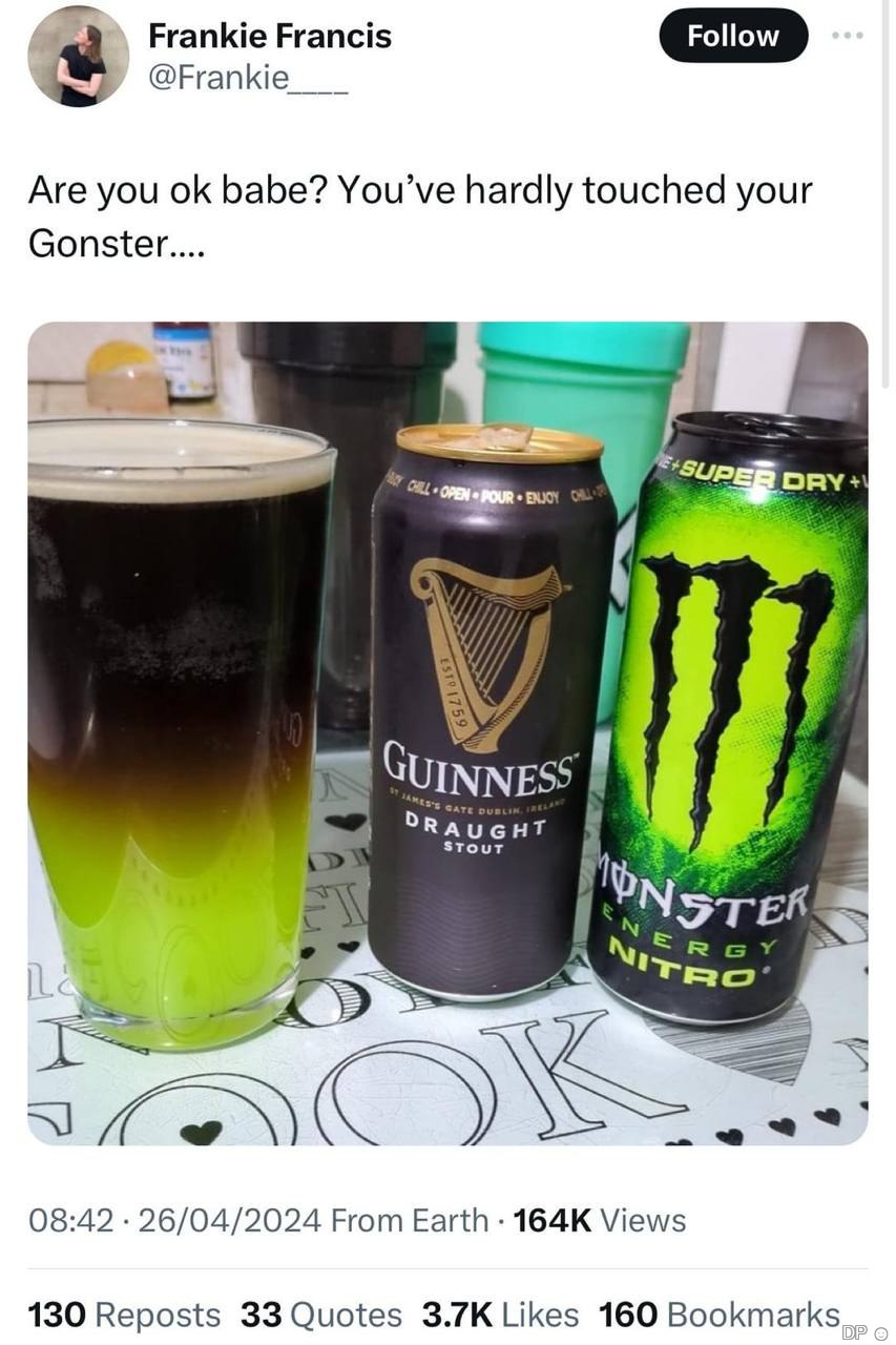 Frankie Francis Follow @Frankie Are you babe? You’ve hardly touched your Gonster DRY UINNES TouT STE 08:42 26/04/2024 From Earth Views 130 Reposts 33 Quotes Likes 160 Bookmarks