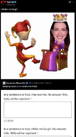 Kai Fell >Make me laugh a’ Corporate Absurdity Applying for jobs is a humiliation ritual. Ina sentence or two, Impress me. No answer will be rejected. 0/3500 or two, Make me laugh. No answer will be r