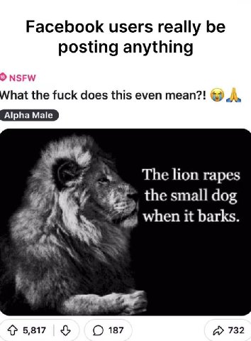 Facebook users really be posting anything NSFW hat the fuck does this even mean?! Alpha Male #3 The Поп rapes the small dog when it barks. 5,817 187 732
