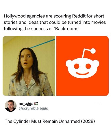 Hollywood agencies are scouring Reddit for short stories and ideas that could be turned into movies following the success of 'Backrooms' mreggs @scrumble eggs The Cylinder Must Remain Unharmed (2028)