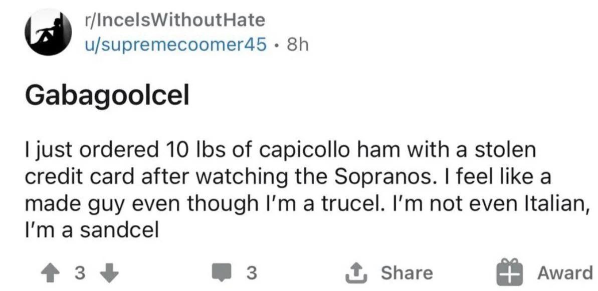 r/IncelsWithoutHate u/supremecoomer45 Gabagoolcel just ordered 10 16$ of capicollo ham with a stolen credit card after watching the Sopranos. feel like a made guy even though a trucel. not even Italia