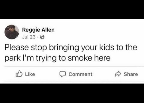 Reggie Allen Please stop bringing your kids to the park trying to smoke here Like Comment Share