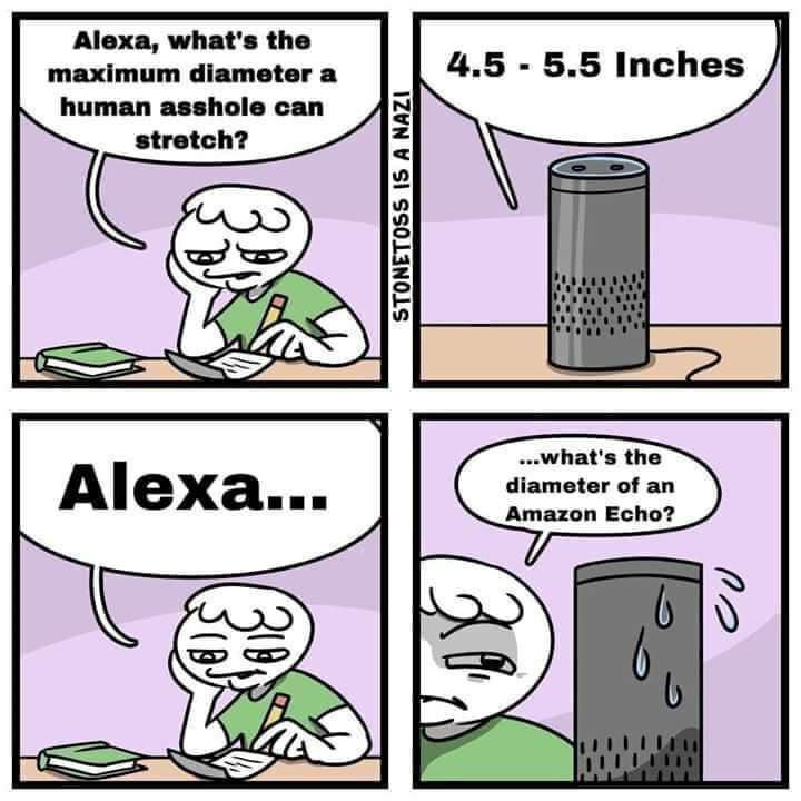 Alexa, what's the maximum diameter a human asshole can stretch? diameter of an Amazon Echo?