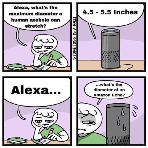 Alexa, what's the maximum diameter a human asshole can stretch? diameter of an Amazon Echo?